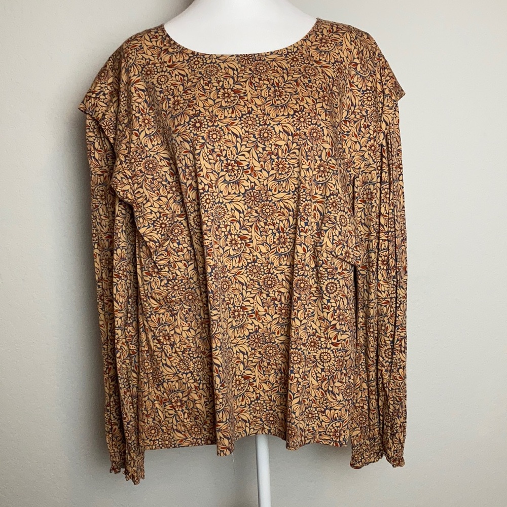 a.n.a. Camel & Blue Floral Long Sleeve Blouse Top